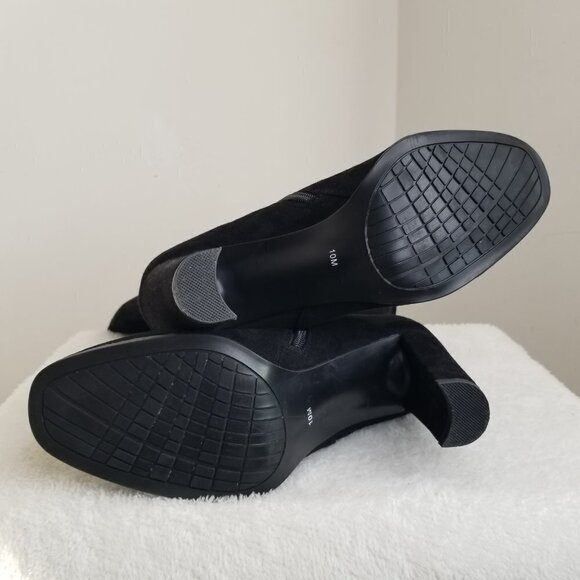 Below the Knee Black Suede Looking Ruffled Side Zippered Boots Size 10 4” Heel - Picture 16 of 16